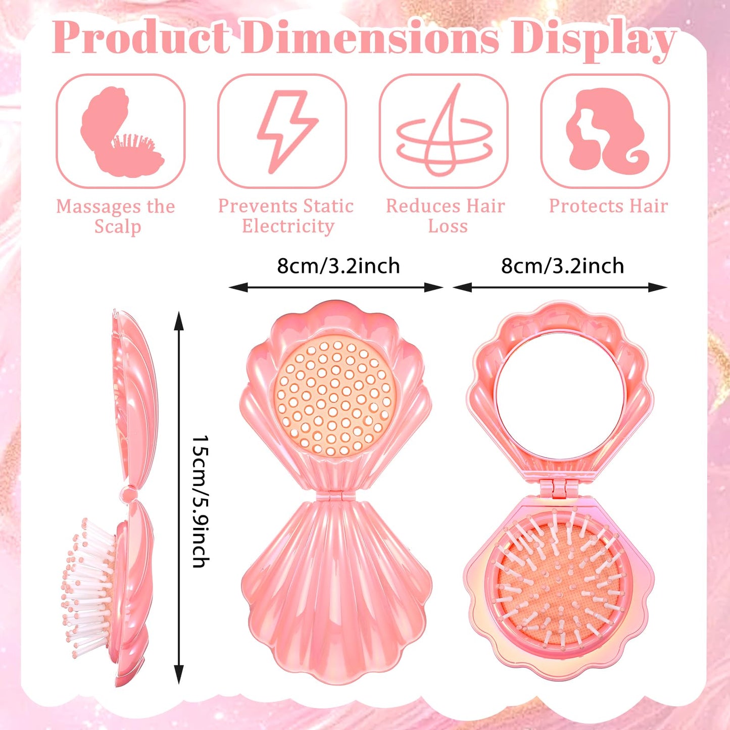 2 PCS Shell Foldable Travel Hair Brush with Mirror, Portable Iridescent Shell Folding Hair Brush Compact Travel Size Pocket Hairbrush Metallic Shinning Mini Massage Comb for Women (Purple, Pink)