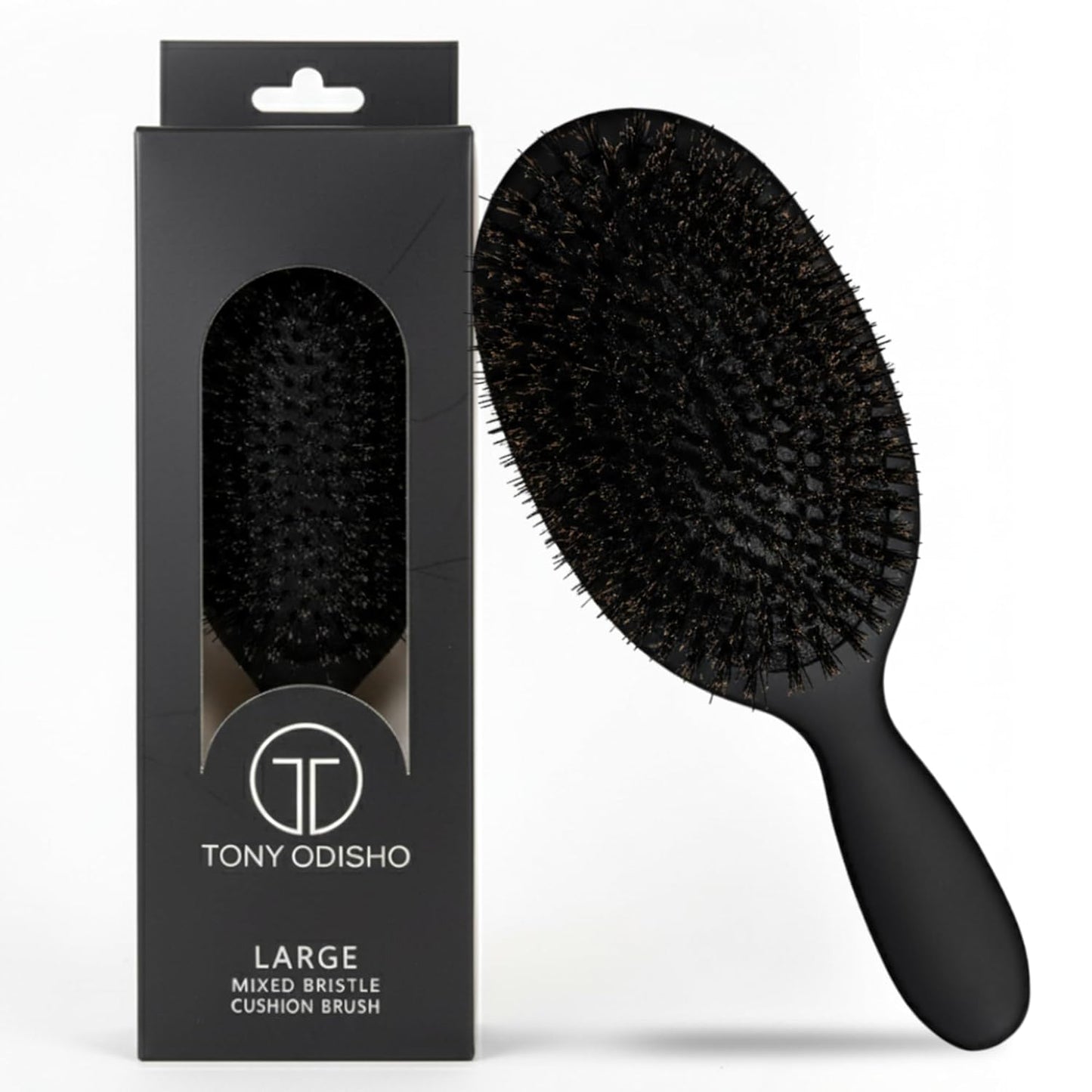 Professional Paddle Hair Brush - Tourmaline Cushion Brush with Boar Bristles for Gentle Detangling | Large Black