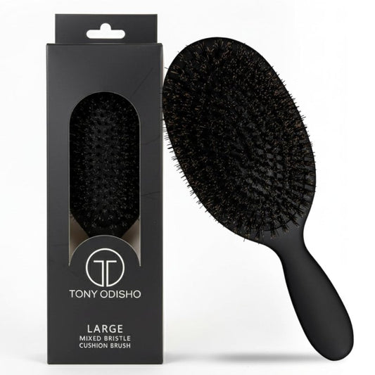 Professional Paddle Hair Brush - Tourmaline Cushion Brush with Boar Bristles for Gentle Detangling | Large Black