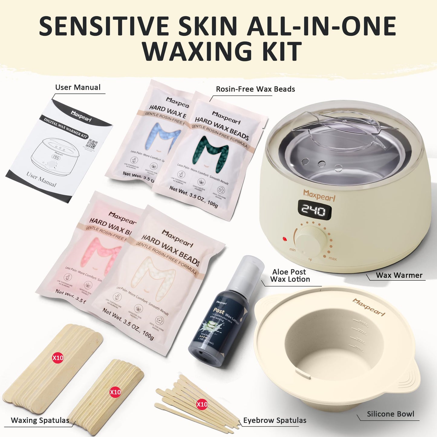 Maxpearl Wax Kit for Women Men, Hair Removal Waxing Kit with Hard Wax Beans for Coarse Hair Bikini Eyebrow, Cream White Waxing Beads Refills for Wax Warmer