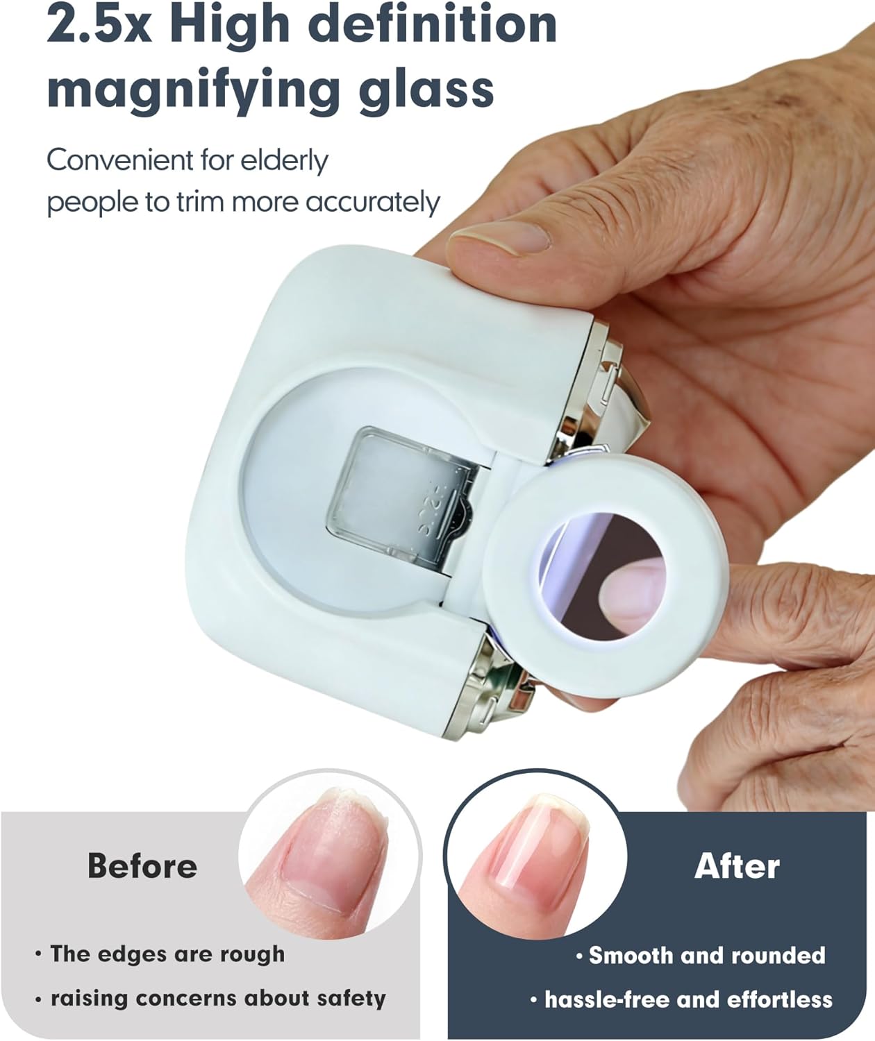 Electric Nail Clippers for Seniors - 3-Speed Automatic Trimmer with LED Light & Magnifying Glass | Adjustable for All Ages (White)