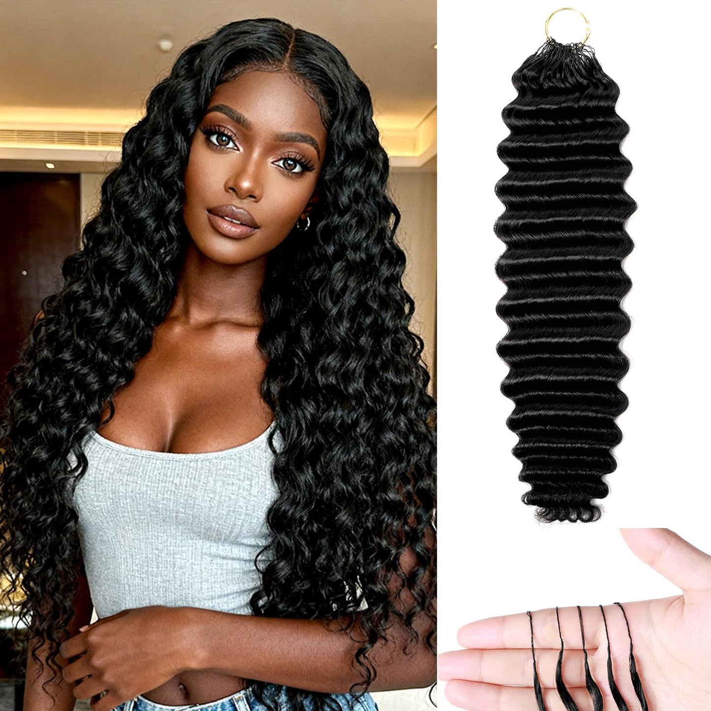 Human Crochet Hair for Black Women - 20 Inch Deep Wave Extensions | Soft & Lightweight Natural Black, 50 Strands