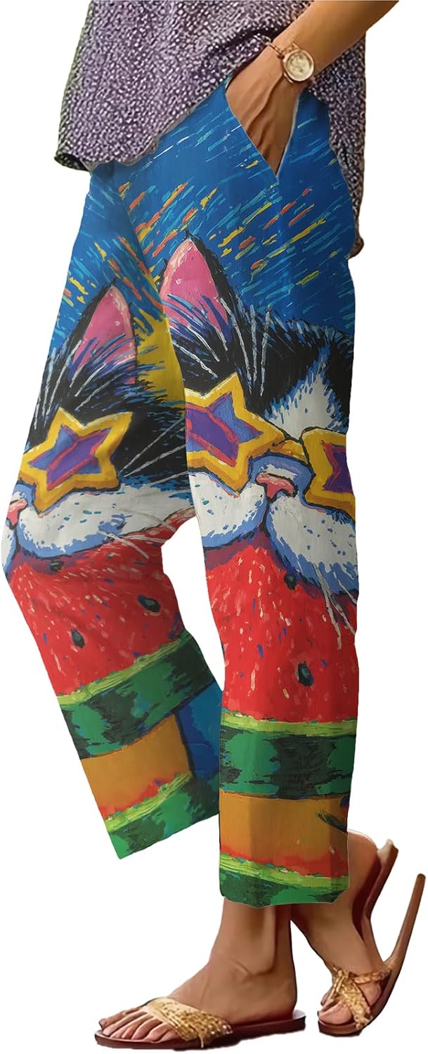 Womens Plus Size Floral Boho Capris - Elastic Waist Beach Trousers | Casual Summer Pants