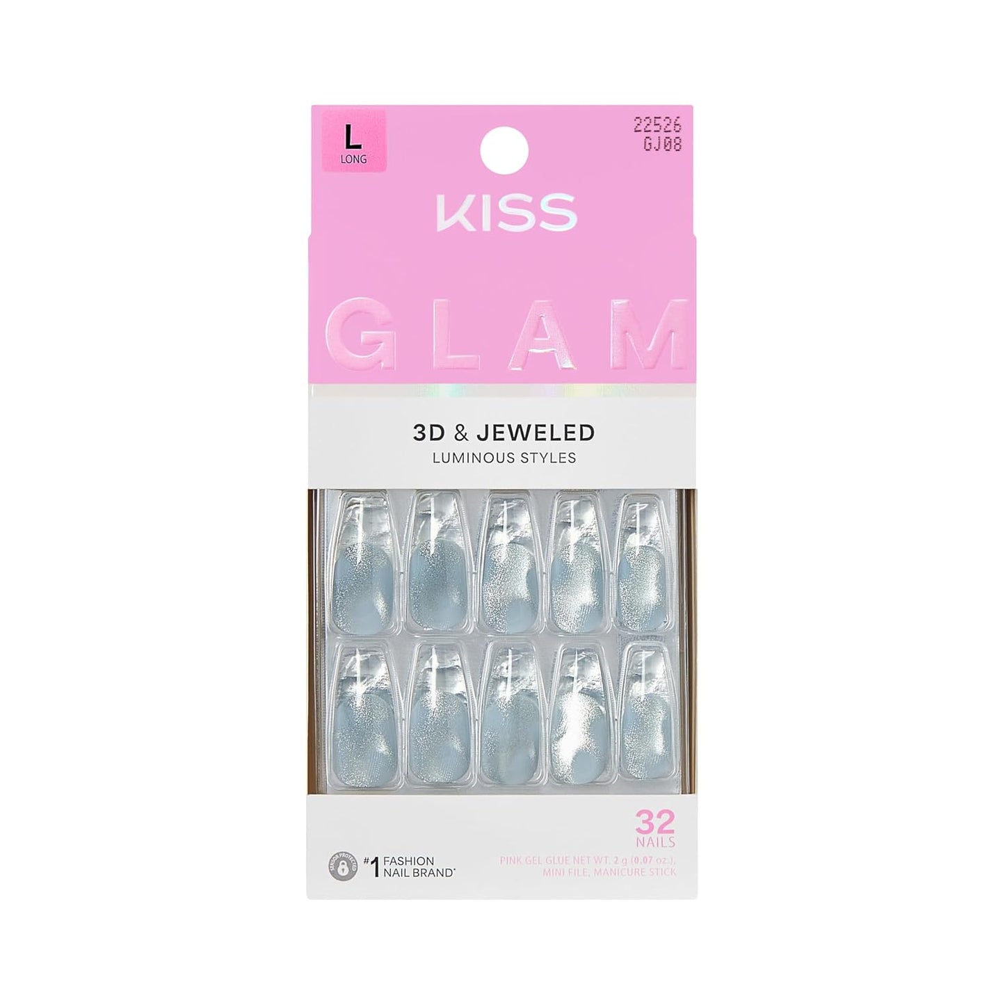 Press On Nails - Seraphic Blue Coffin Shape with Glue & Accessories | Long Size, 32 Nails Included
