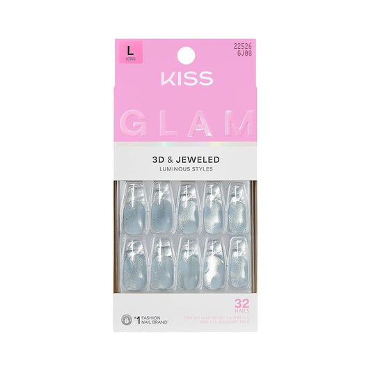 Press On Nails - Seraphic Blue Coffin Shape with Glue & Accessories | Long Size, 32 Nails Included