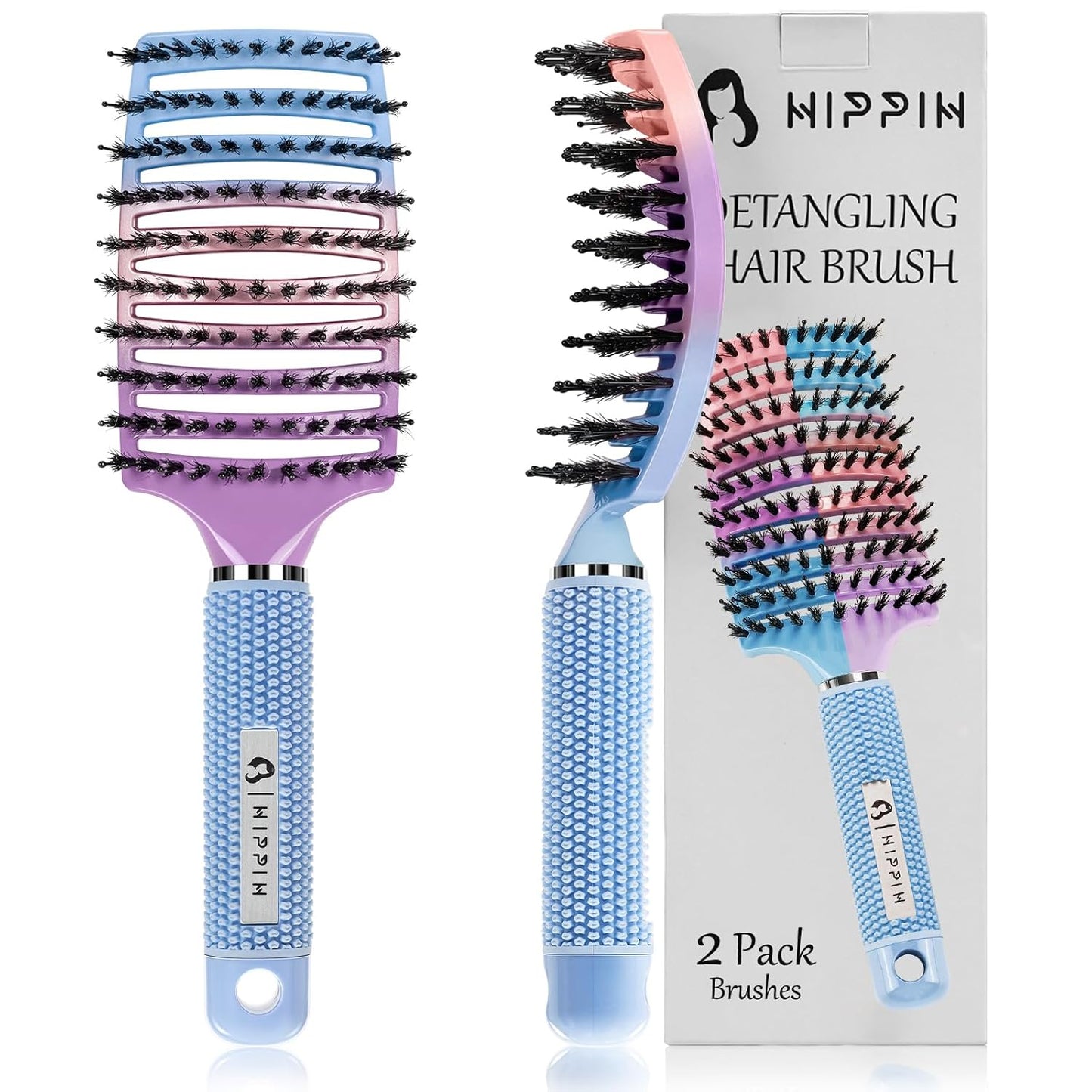 Boar Bristle Hair Brush Set - Curved Vented Detangler for Kids & Men | Adds Shine to Thick Curly Hair