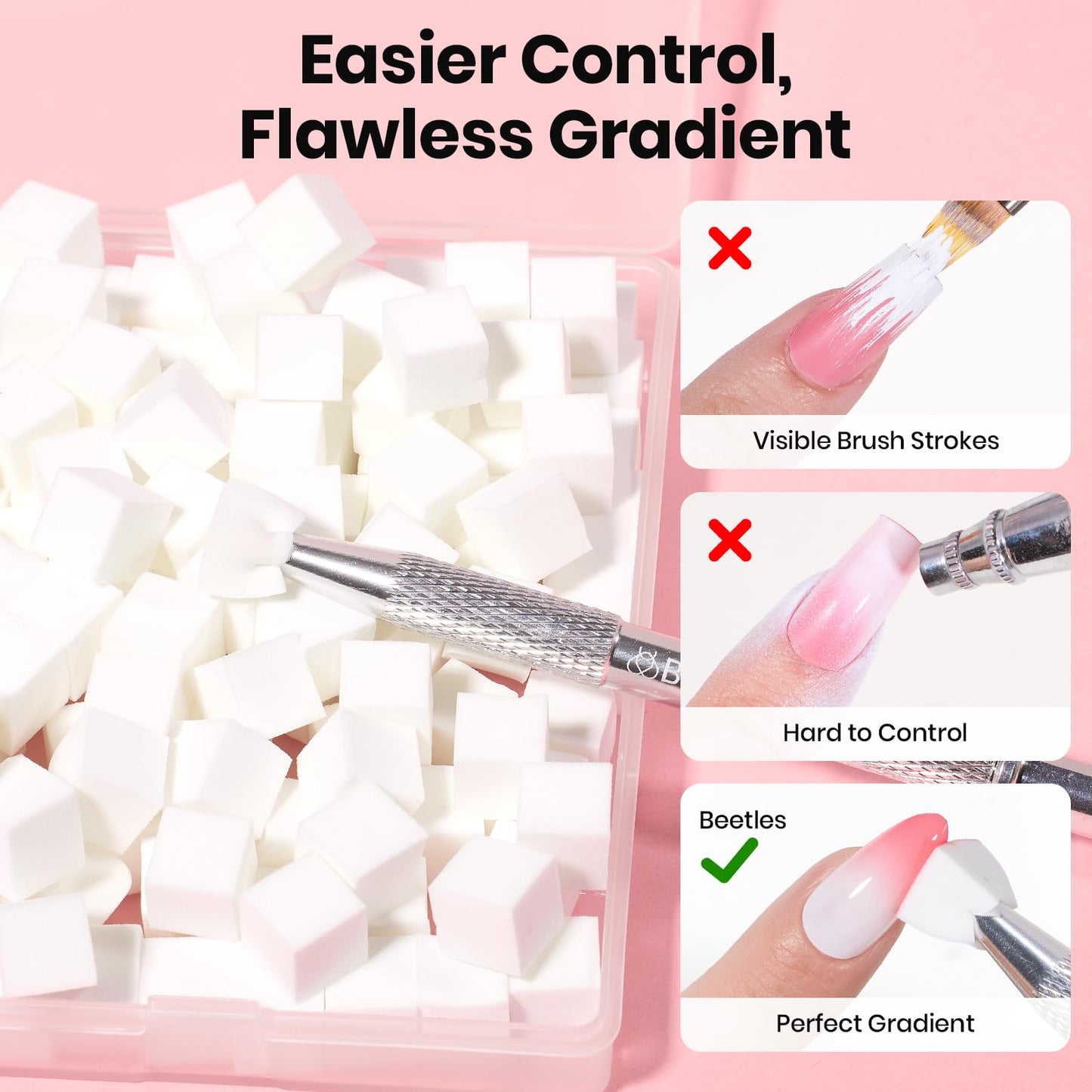 Beetles 150Pcs Soft Nail Sponges for Ombre, White Nail Sponge with Grabbing Pen, Pink Pat Painting Gel Polish Kit for Gradient Ombre Blush Chrome Design Nails Art Tools, Home DIY Salon Manicure
