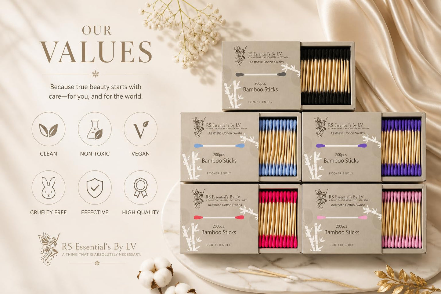 RS ESSENTIAL'S BY LV: Aesthetic Cotton Swabs Sticks Ear Swabs Bamboo swabs 200 Count Cotton Buds In 5 Colorful Colors (Blue)