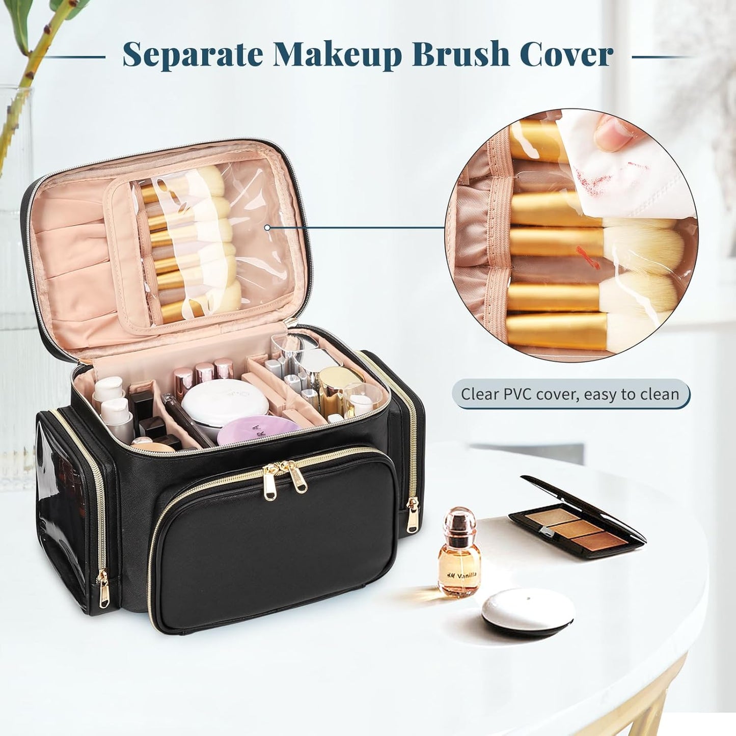 Large Makeup Bag Organizer for Women - Portable Travel Cosmetic Bag with Brush Compartment & Side Pockets | Black