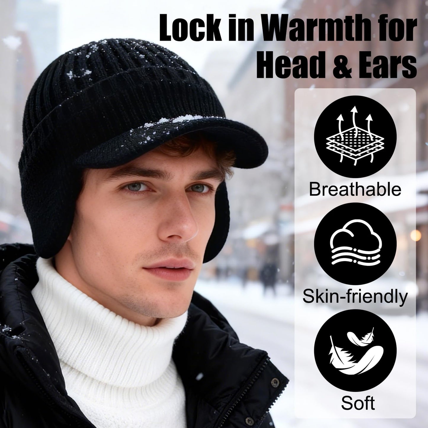 Cozy Head Beanies for Women Men, 2026 New Cozyhead Hats with Brim and Ear Flaps Outdoor Winter Warm Knitted Black