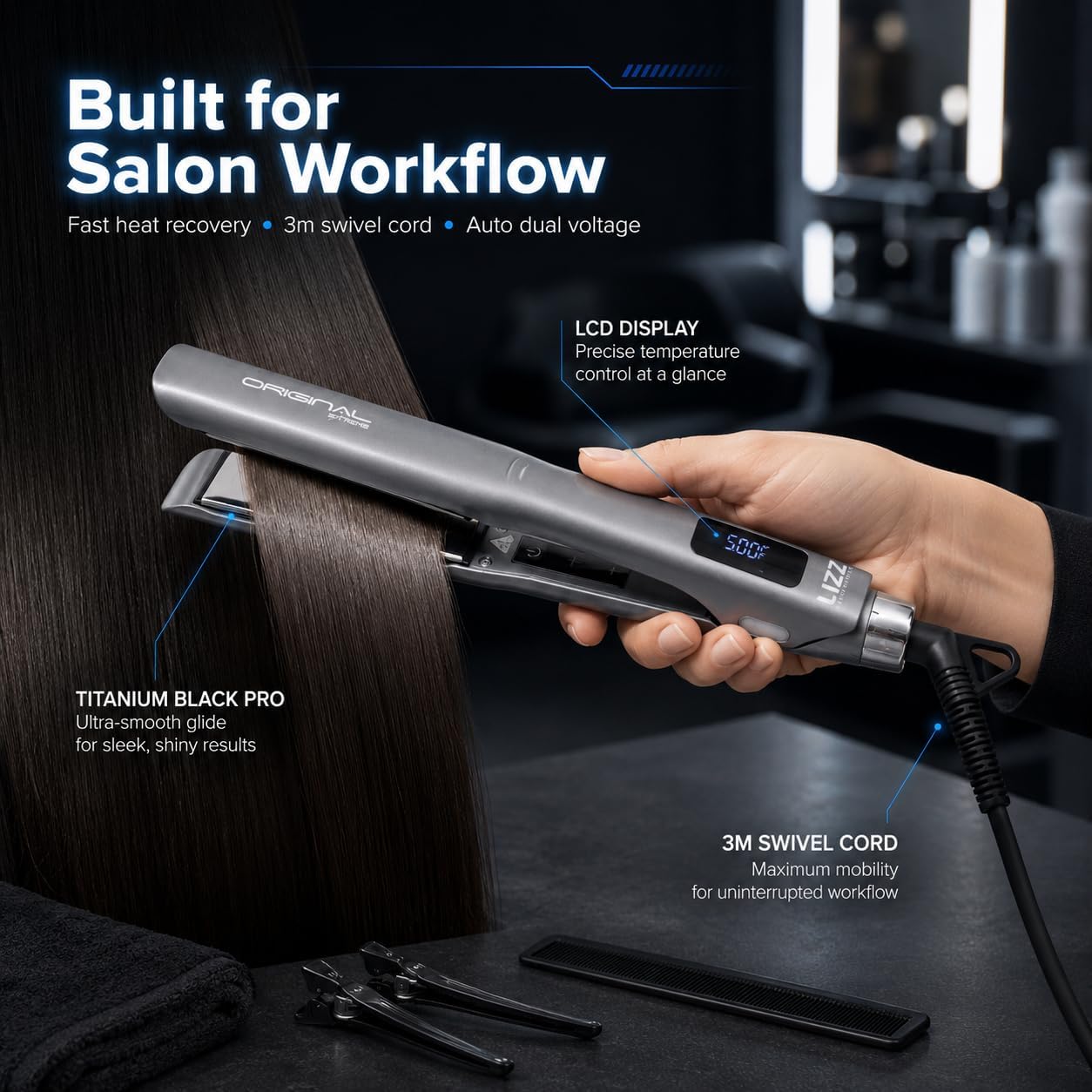 Professional Hair Straightener - Titanium Black Plates, LCD Display, 500°F, Anti-Frizz, Dual Voltage