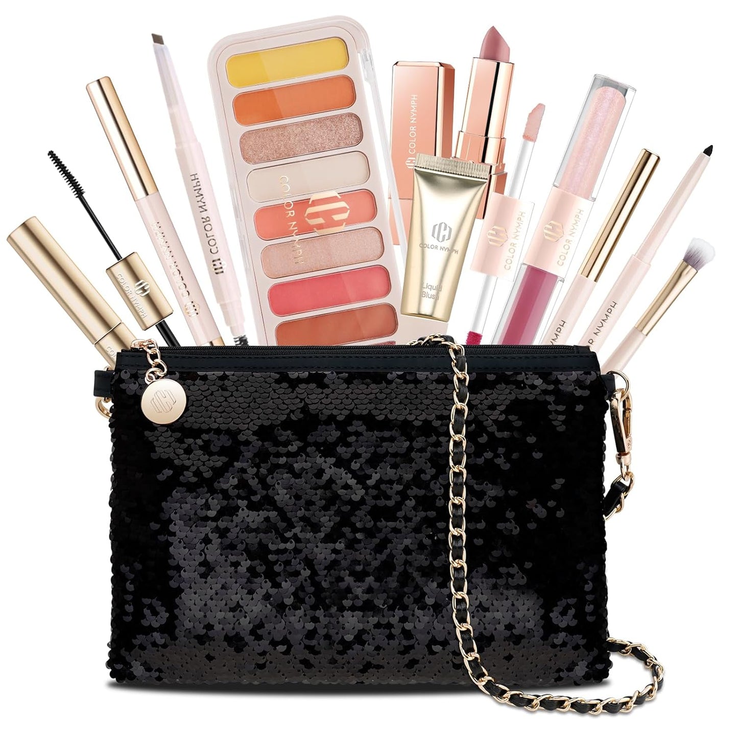 Color Nymph Makeup Kit - All-in-One Makeup Set for Beginners | 9 Colors Eyeshadow Palette, Lip Gloss, Eyeliner, Mascara - Orange Pink