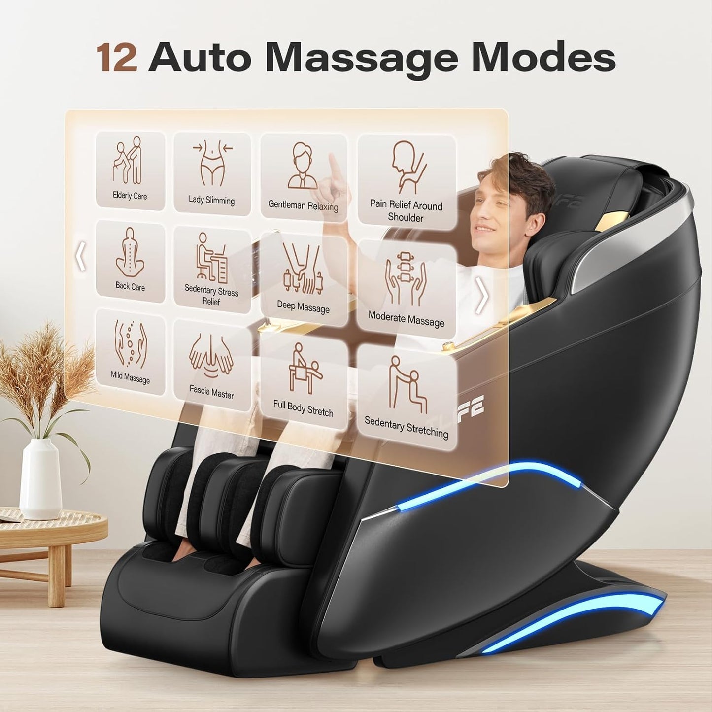 TLIFE Full Body Massage Chair - 160° Zero Gravity Recliner with Body Scan & 12 Auto Modes | Black
