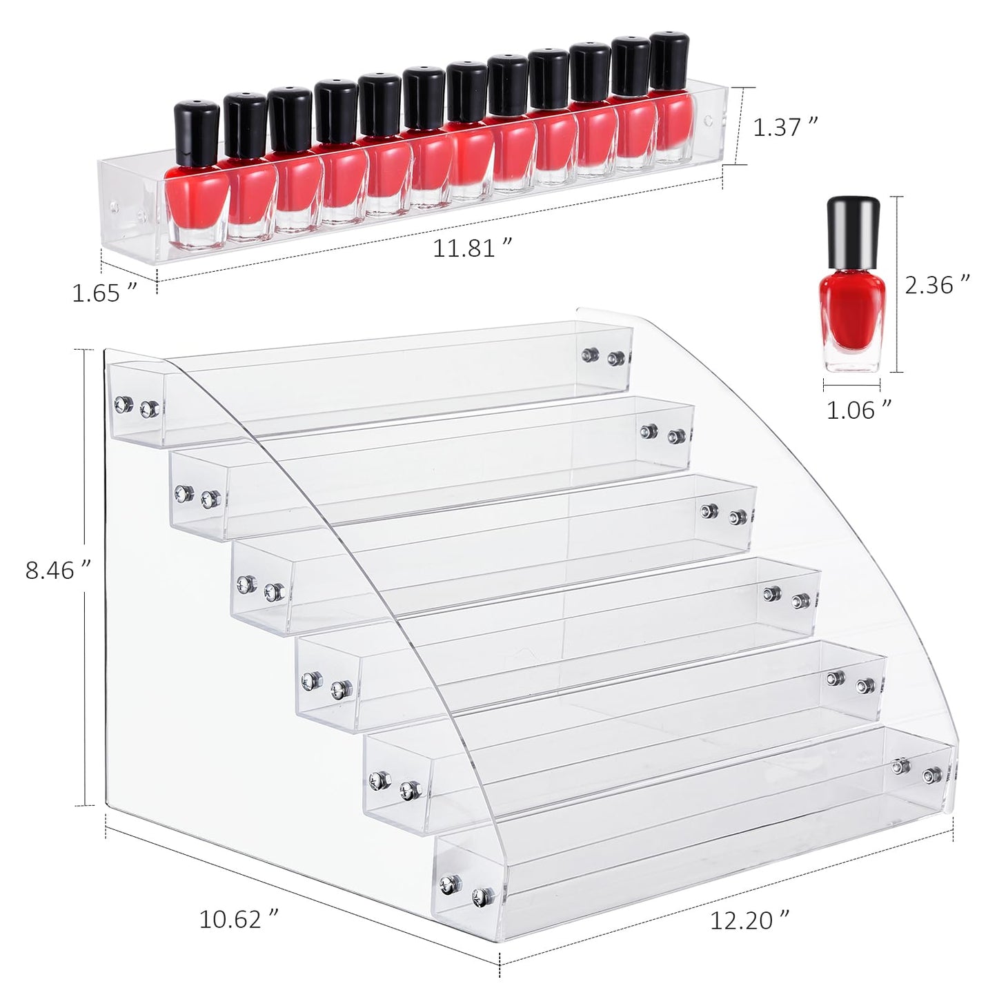 KINGROW Nail Polish Organizer Holder Rack 6 Layers Acrylic Display Shelf For Eyeglasses Essential Oils Ink Storage Holds Up to 96 Bottles (Fit 1-2oz Bottles)