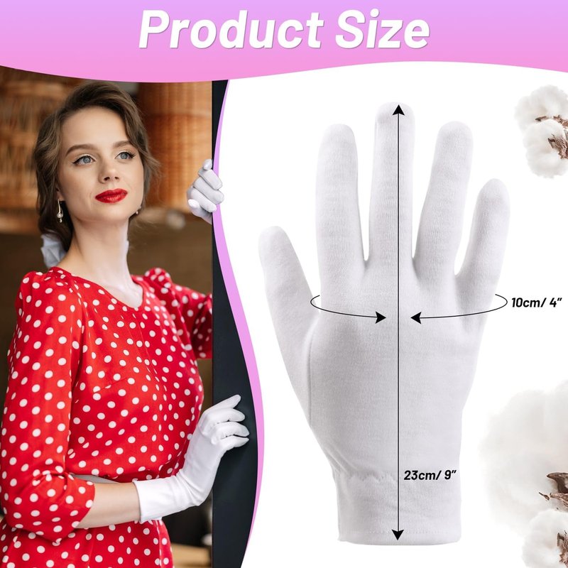 Moisturizing Cotton Gloves for Eczema Relief - 12 Pairs of Soft, White Spa Lotion Gloves for Dry Hands