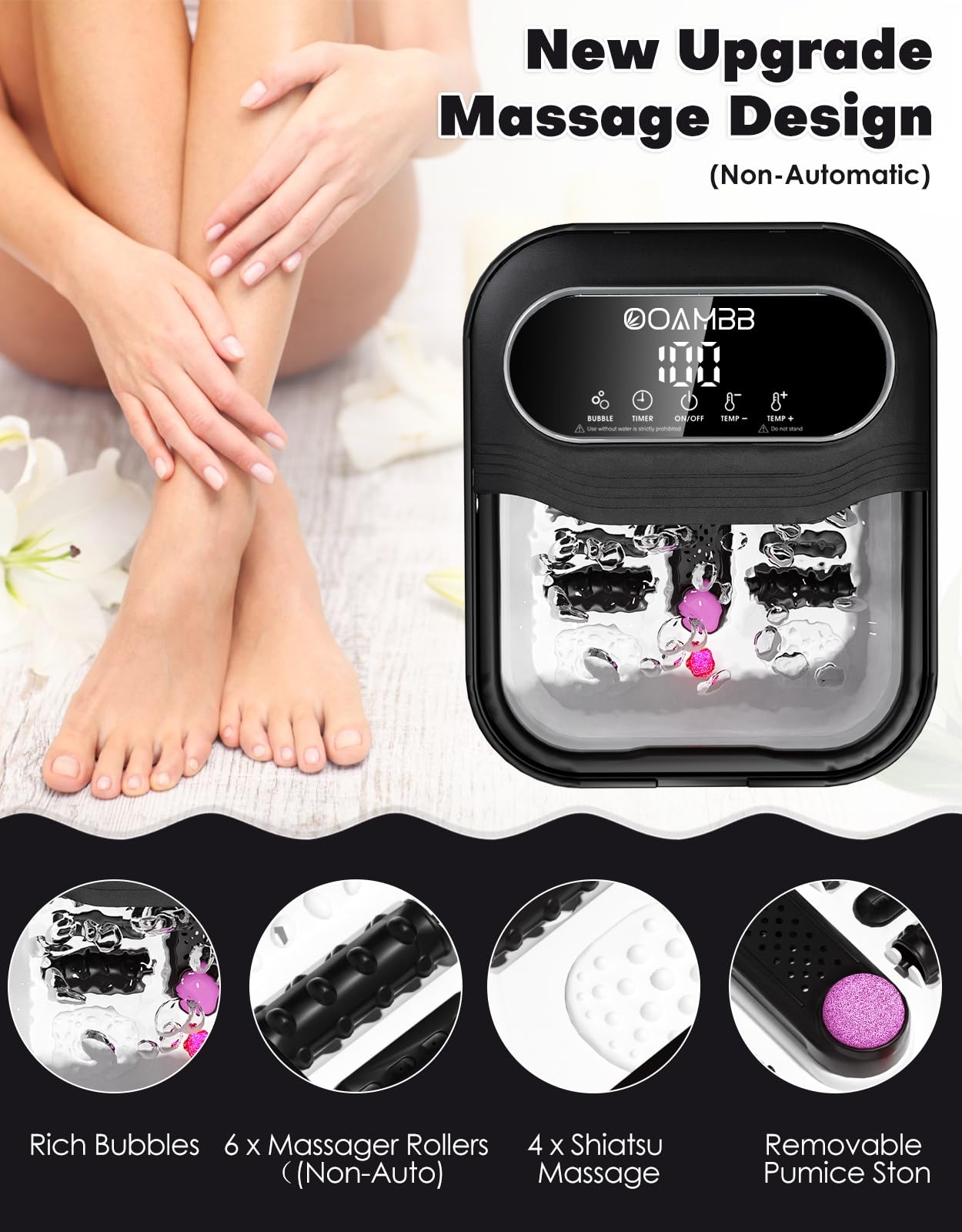 OOAMBB Collapsible Foot Spa with Heat, Bubble and Temp Control, Remote, Foot Bath Massager with XL Touch Screen and Massage Rollers, Foot Soaking Tub, Pedicure Foot spa for Stress Relief (Black)