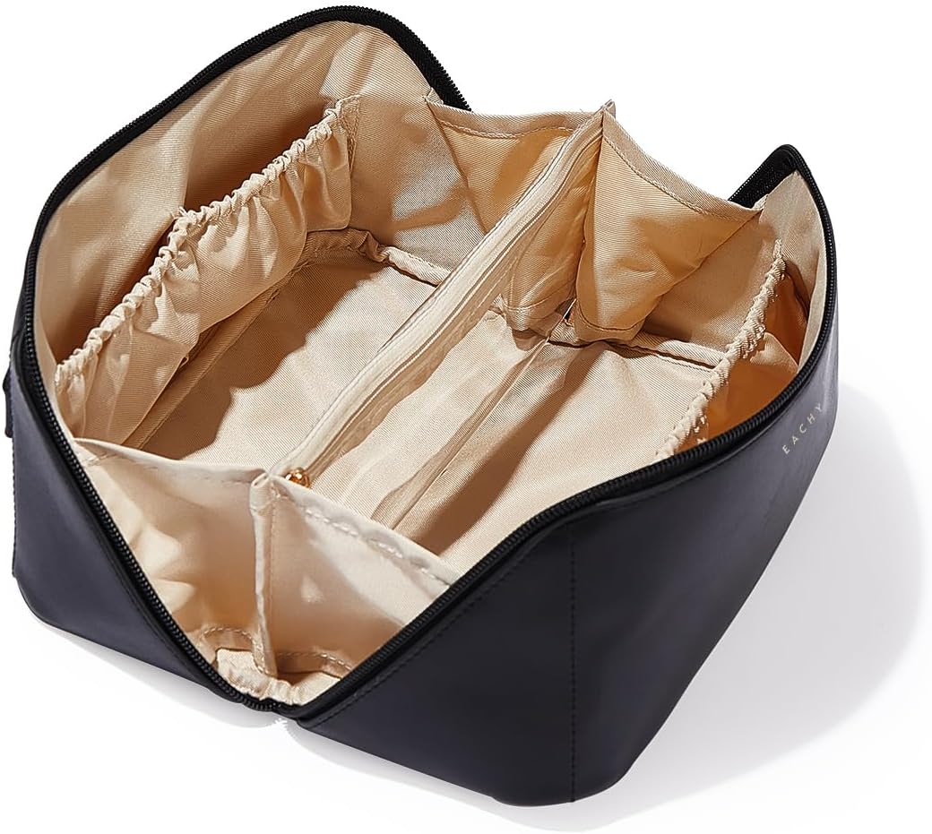 Travel Makeup Bag - Large Capacity Waterproof PU Leather Cosmetic Organizer | Flat Open Design for Skincare & Brushes