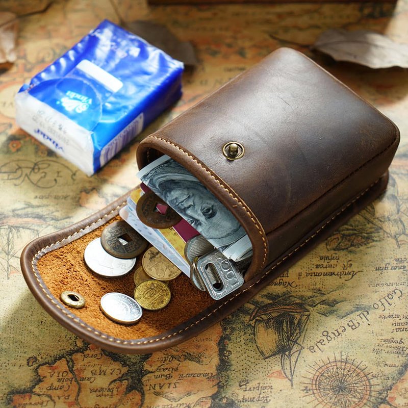 aolaso Holster Pouch, Durable Leather EDC Waist Bag for Coins, Car Keys, Headphones-Leather Double Deck Playing Card Case Fits Poker and Bridge Size Cards,