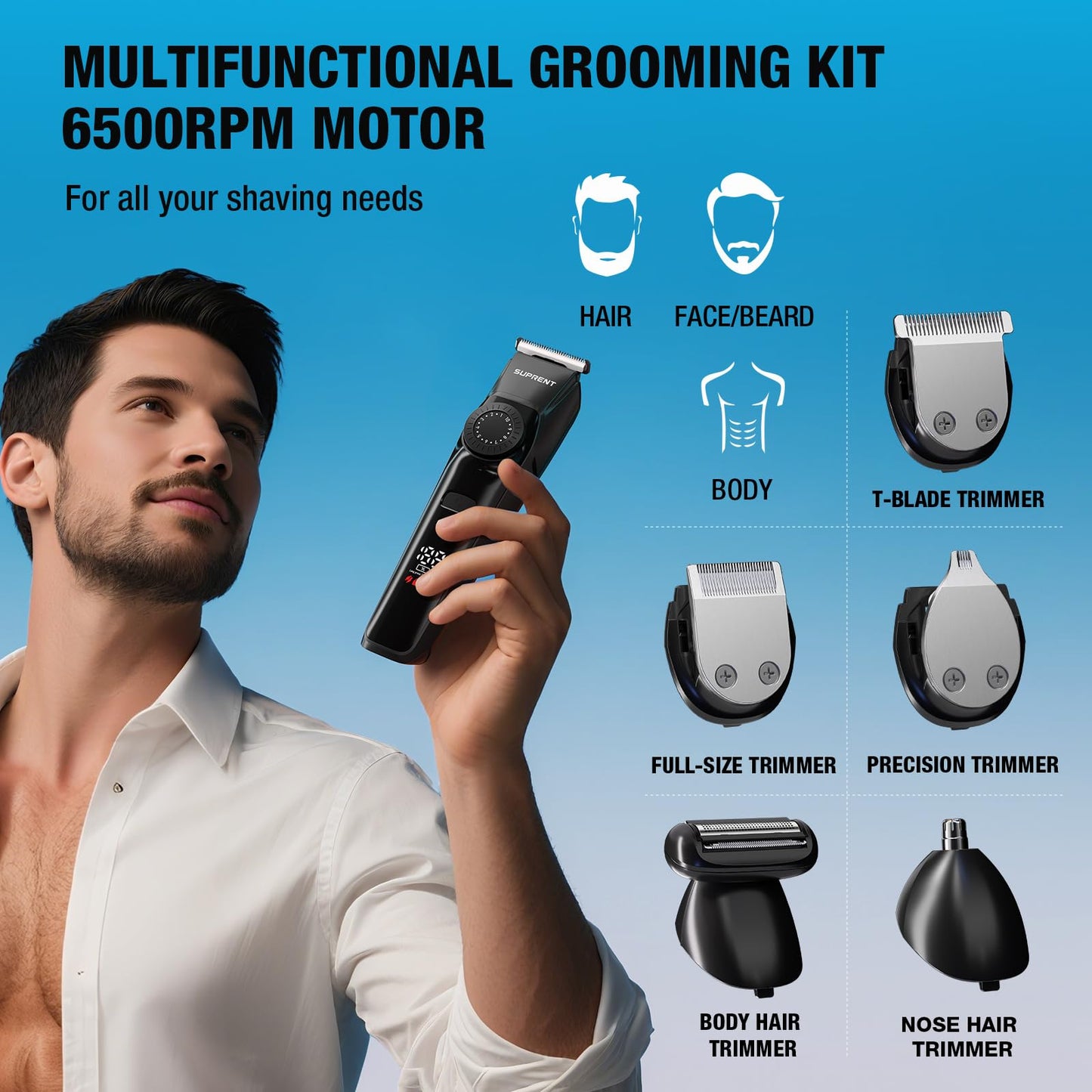 SUPRENT Beard Trimmers for Men - All-in-One Mens Grooming Kits with 40 Precision Dials，Waterproof Adjustable Trimmers for Hair, Beard, Face, Nose & Body, USB-C Rechargeable, 3.5H Running Time (Black)