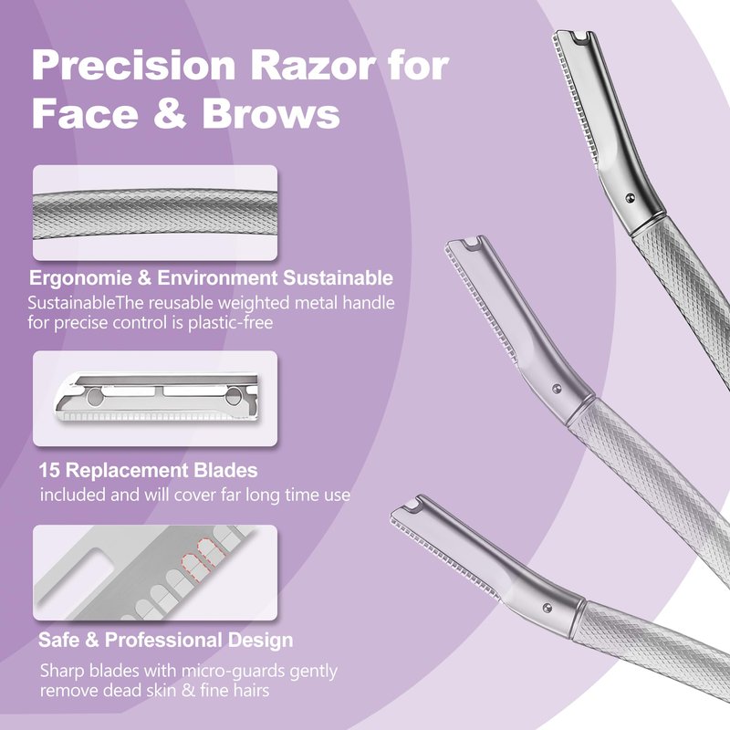 Eyebrow Razor with 16 Blades, Metal Razors for Women and Men,Dermaplane Razor for Women Face, Facial Hair Removal for & Eyebrow Hair Removal (Silver)