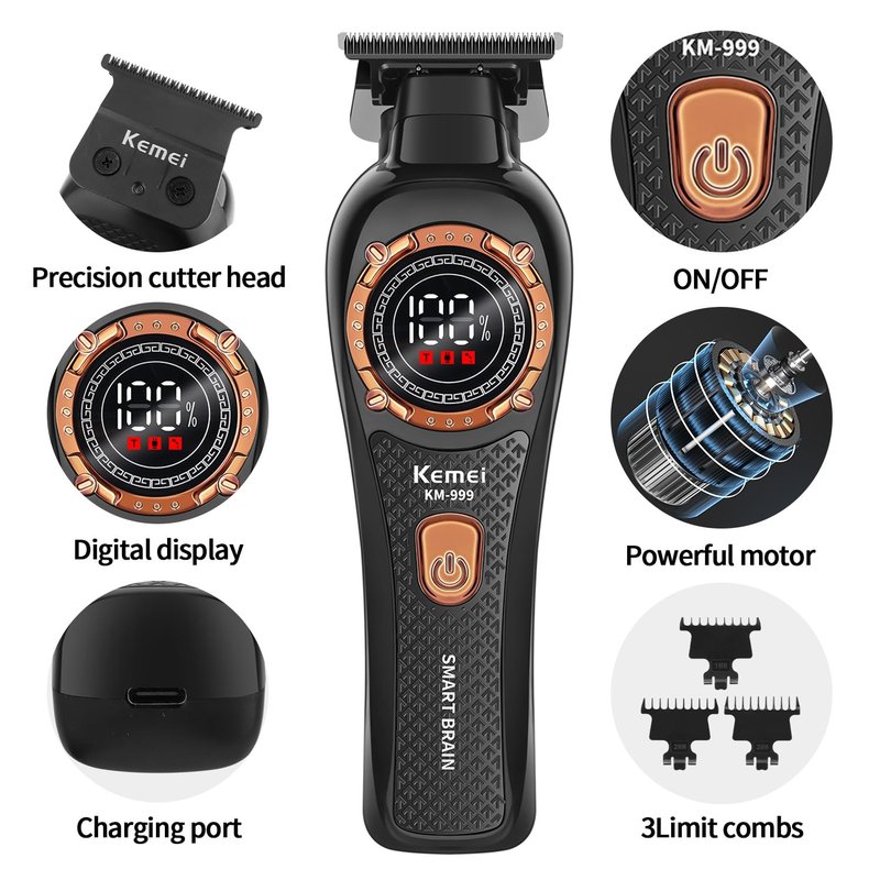 KEMEI 999 Professional Hair Clipper for Men, Cordless Electric Beard Trimmer Men, Zero Gapped T-Blade Hair Trimmer with LCD Display and 3 Guide Combs