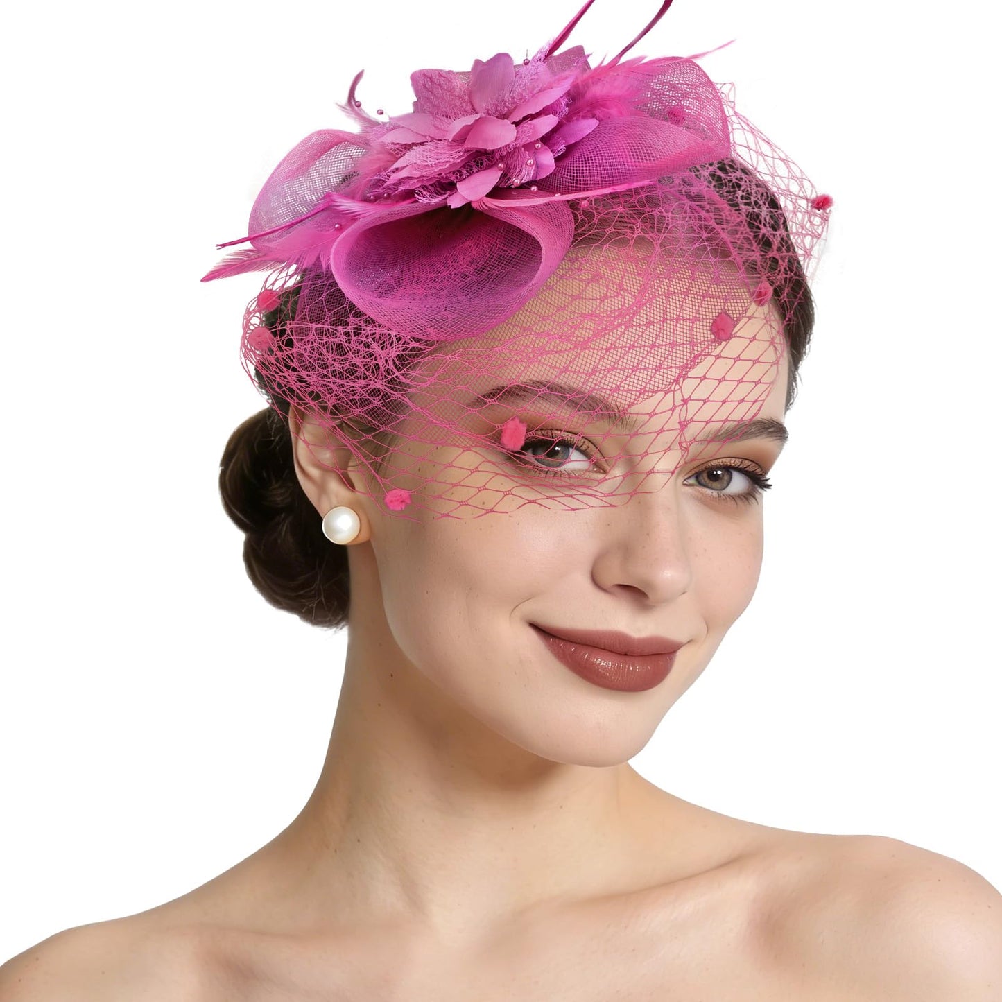 Semato Fascinators Hats for Women Mesh Feathers ElegantHot Pink Tea Party Kentucky Hat Derby Headband with Hair Clip