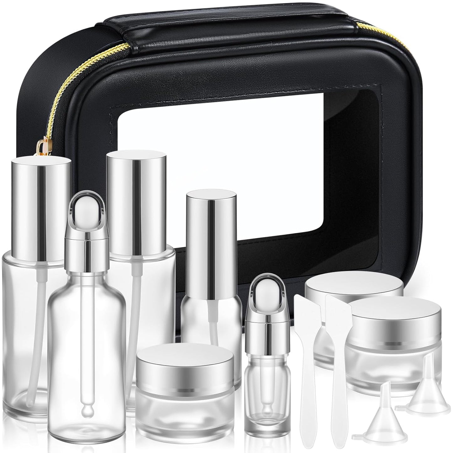 Glass Skincare Travel Containers Set - 13 Pcs Mini Makeup Bottles with Pump Spray & PU Leather Bag | Silver