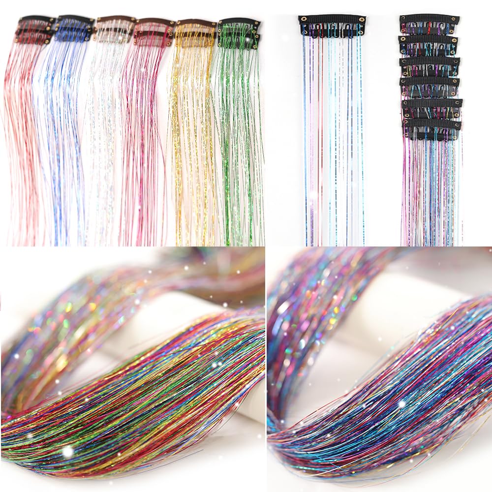 Clip In Hair Tinsel Extensions - 20 Inch Glitter Strands for Festivals | 12 Pcs Black Dazzle Kit for Women & Girls