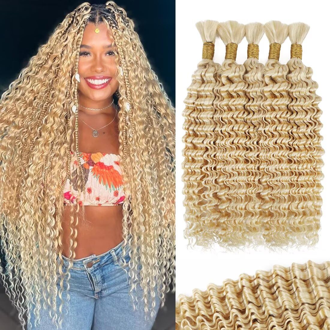 Chocolate Brown Human Braiding Hair - 3 Bundles Deep Water Wave, 22 Inch, Curly Boho Braids | Color 4