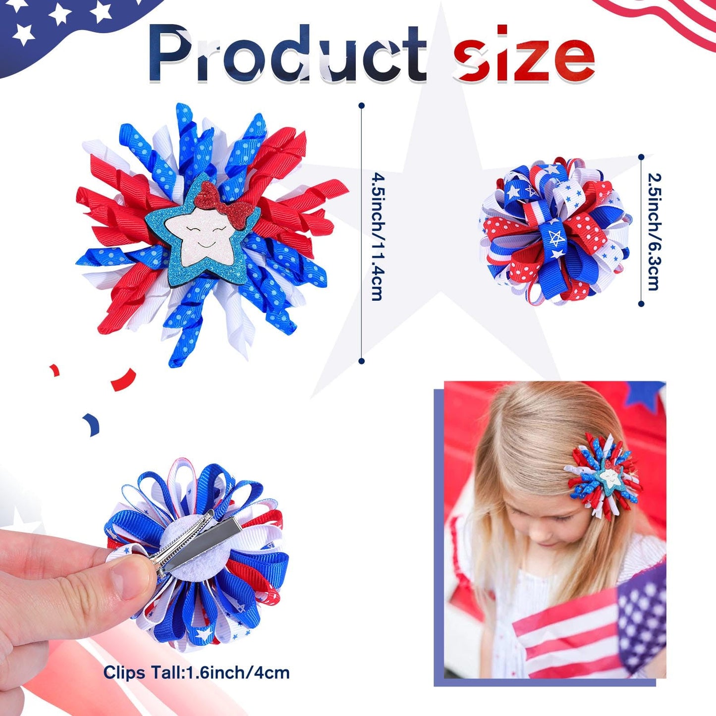 OAOLEER 4th of July American Flag Hair Bow Clips, Blue White Red Grosgrain Ribbon Alligator Bow, Kids Girls Women Hair Accessories For Party Supplies (Blue White Red-B)