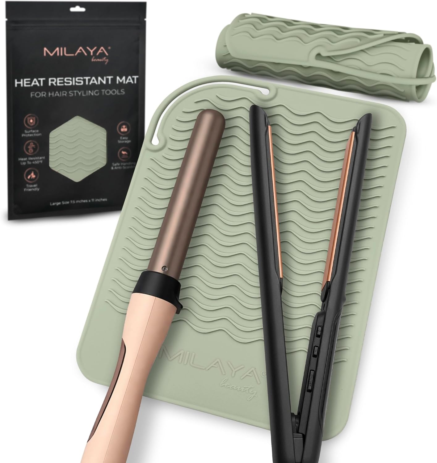 Milaya Beauty Large Heat Resistant Mat - Silicone Curling Iron & Flat Iron Holder | Non-Slip Vanity Accessory for Home & Travel