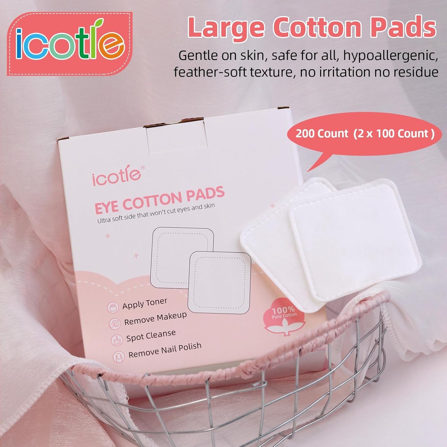 Ultra Soft 200-Count Eye Cotton Pads - 100% Cotton Makeup Remover for All Skin Types | Square Design