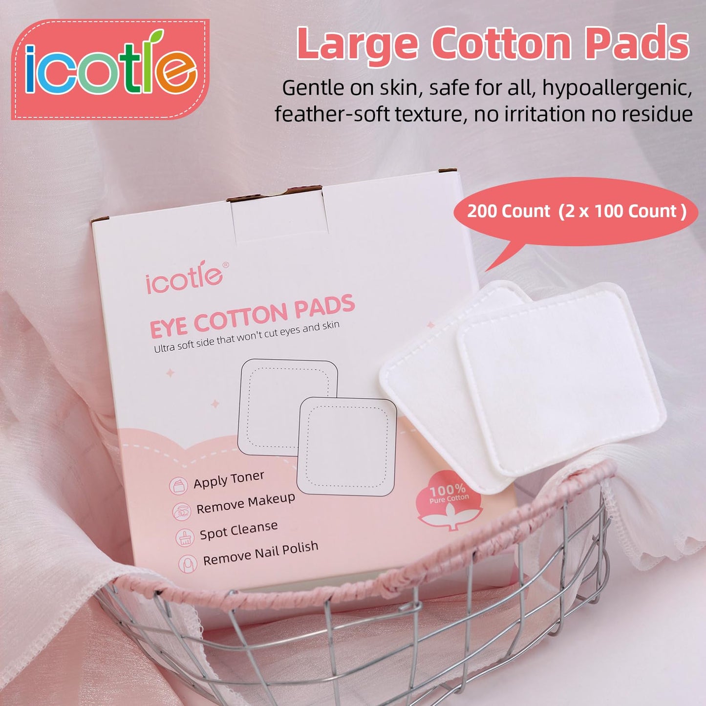 200-Count Eye Cotton Pads 100% Cotton Ultra Soft Square Cotton Pads, Spunlace Purely Physical Technology, Makeup Remover Pads for Facial Cleansing on All Skin Types