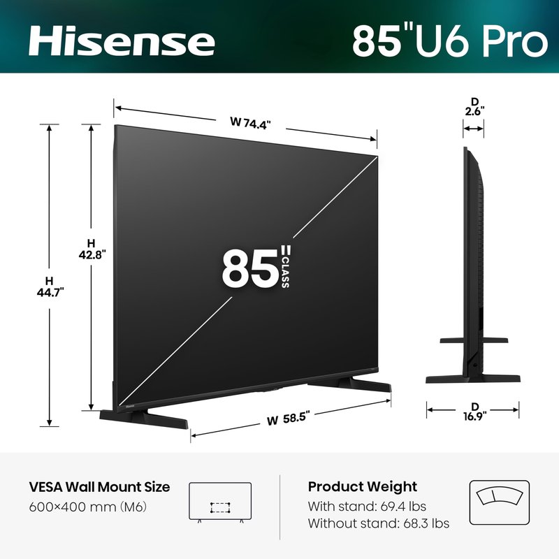 Hisense 85" U6 Pro Series Mini‑LED ULED 4K UHD HDR Gaming AI Smart Fire TV (85U6SF Pro, 2026 New) – Hi-QLED, Native 144Hz, Motion Rate 480, Dolby Vision IQ,· Atmos, HDR10+, Glare-Free, Alexa+