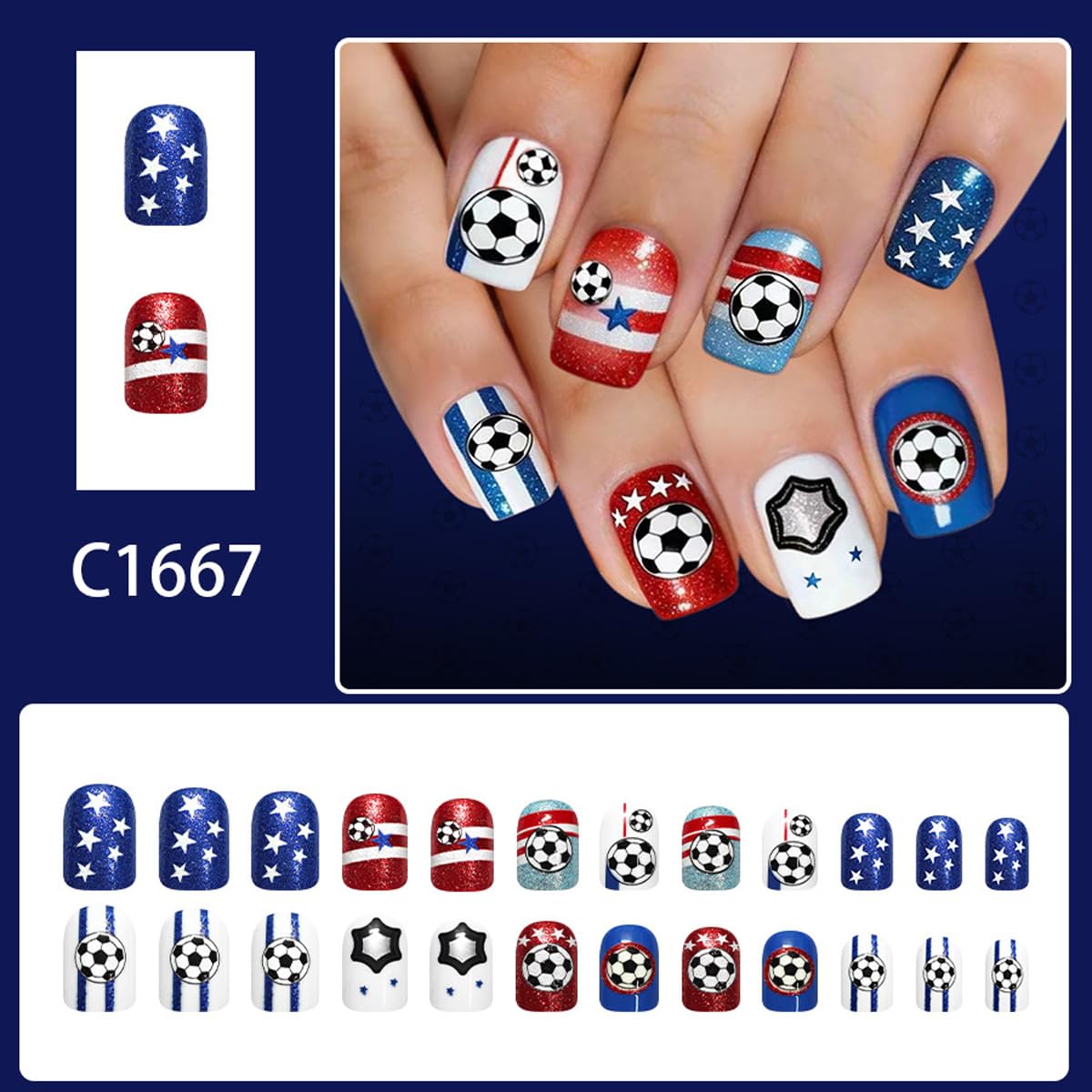 Soccer Press On Nails - Short Square Fake Nails Press ons with Glitter Star & Striped Design Reusable Glue On Nail Full Cover Stick on Nails, World Cup Sports Game Nail Art for Women Manicure 24Pcs