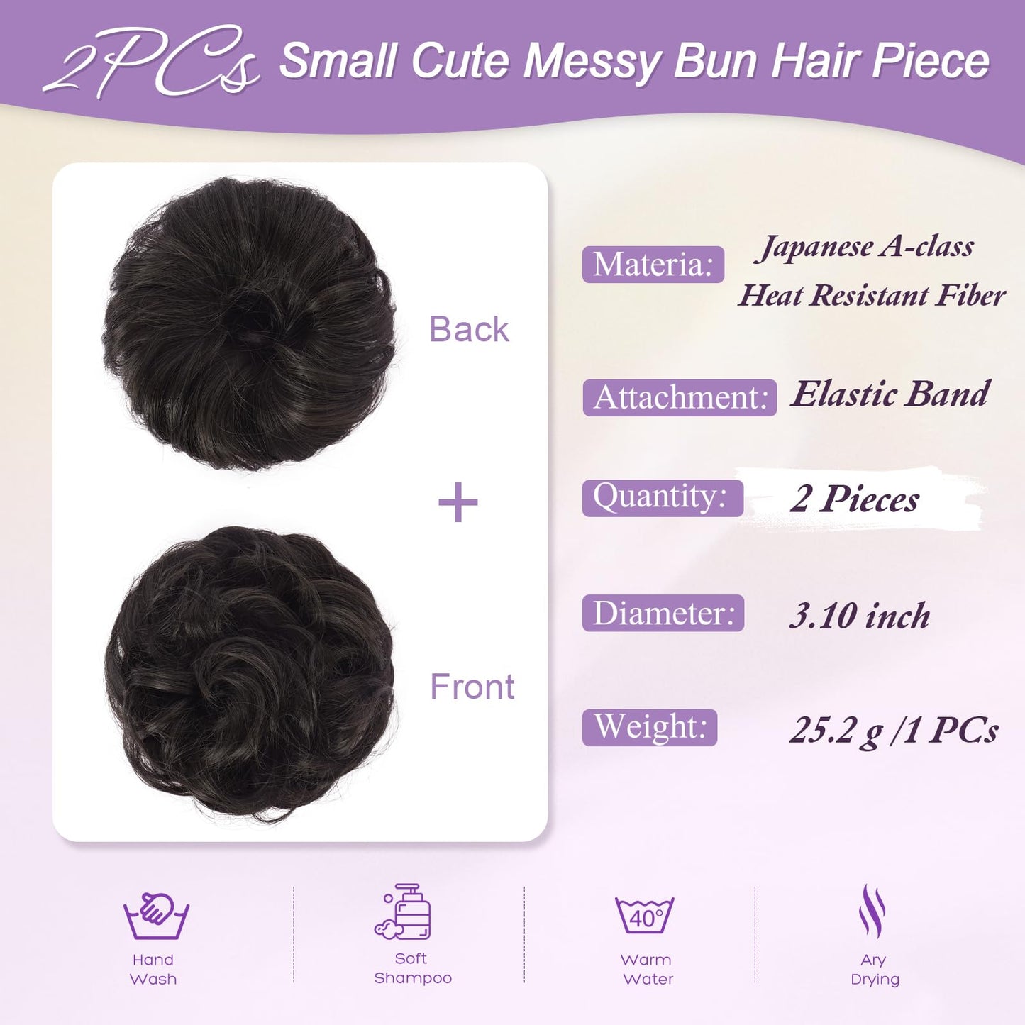 FESHFEN 2PCs Small Messy Bun Hair Piece for Thin Hair Women Girl Mini Synthetic Elastic Wavy Space-bun Scrunchies Updo Hairpieces, Brown Black