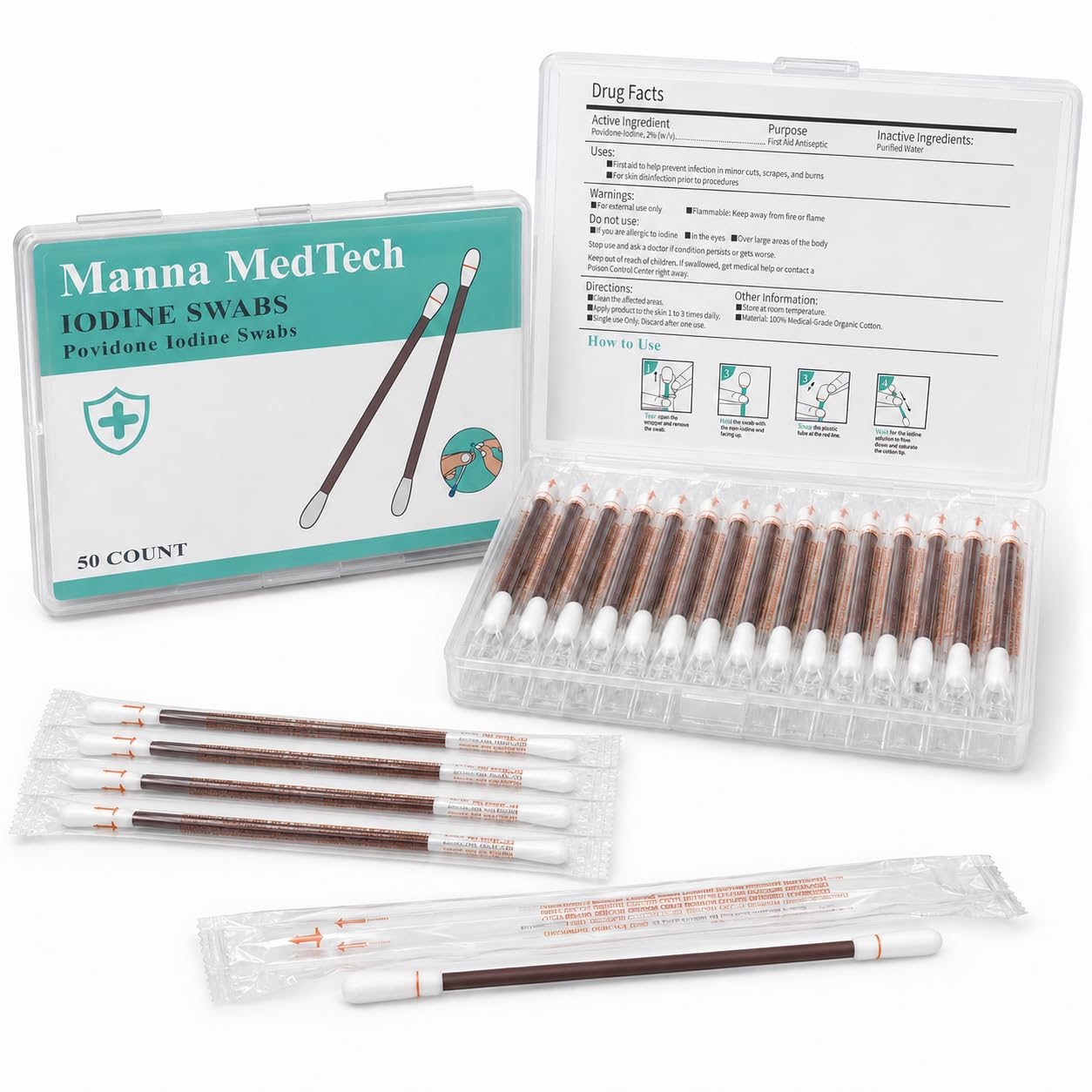 Organic Cotton Iodine Swabs - Sterile Snap & Flow Design | 200 Count, FSA & HSA Eligible Wound Care