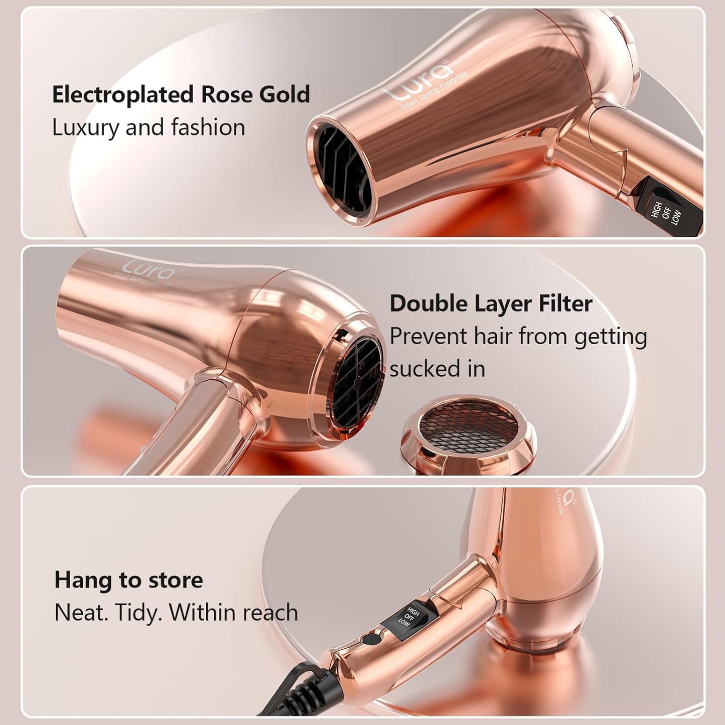 Travel Hair Dryer - Dual Voltage 1200W Mini Blow Dryer with Diffuser | Lightweight & Portable, EU/UK Plug