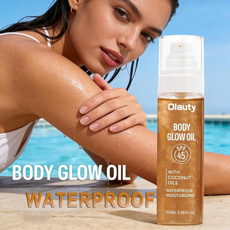 Sunscreen Body Glow Oil - Broad Spectrum SPF 45 | Lightweight Glitter Shimmer Oil for Sun-Kissed Skin (#03 Amber)