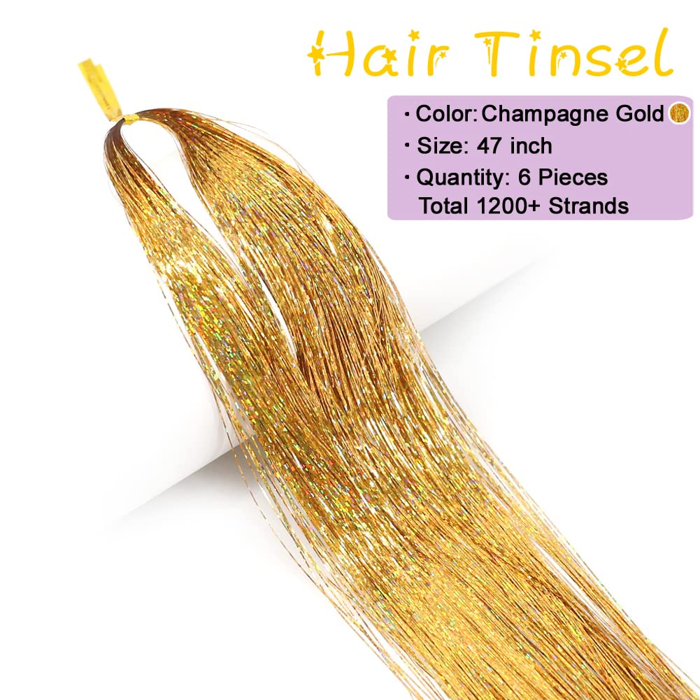 MISSUHUI Hair Tinsel with Tools 47Inch 1200 Strands Glitter Tinsel Hair Extensions Sparkling Shiny Fairy Hair Tinsel Strands Kit Heat Resistant Hair Accessories for Women Girls 6Pcs (Gold)