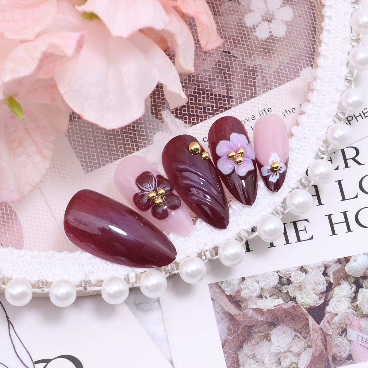 Flower Press-On Nails - Dark Purple Almond Shape with Gold Beads | 24 Pcs Reusable French Tip Design for Women