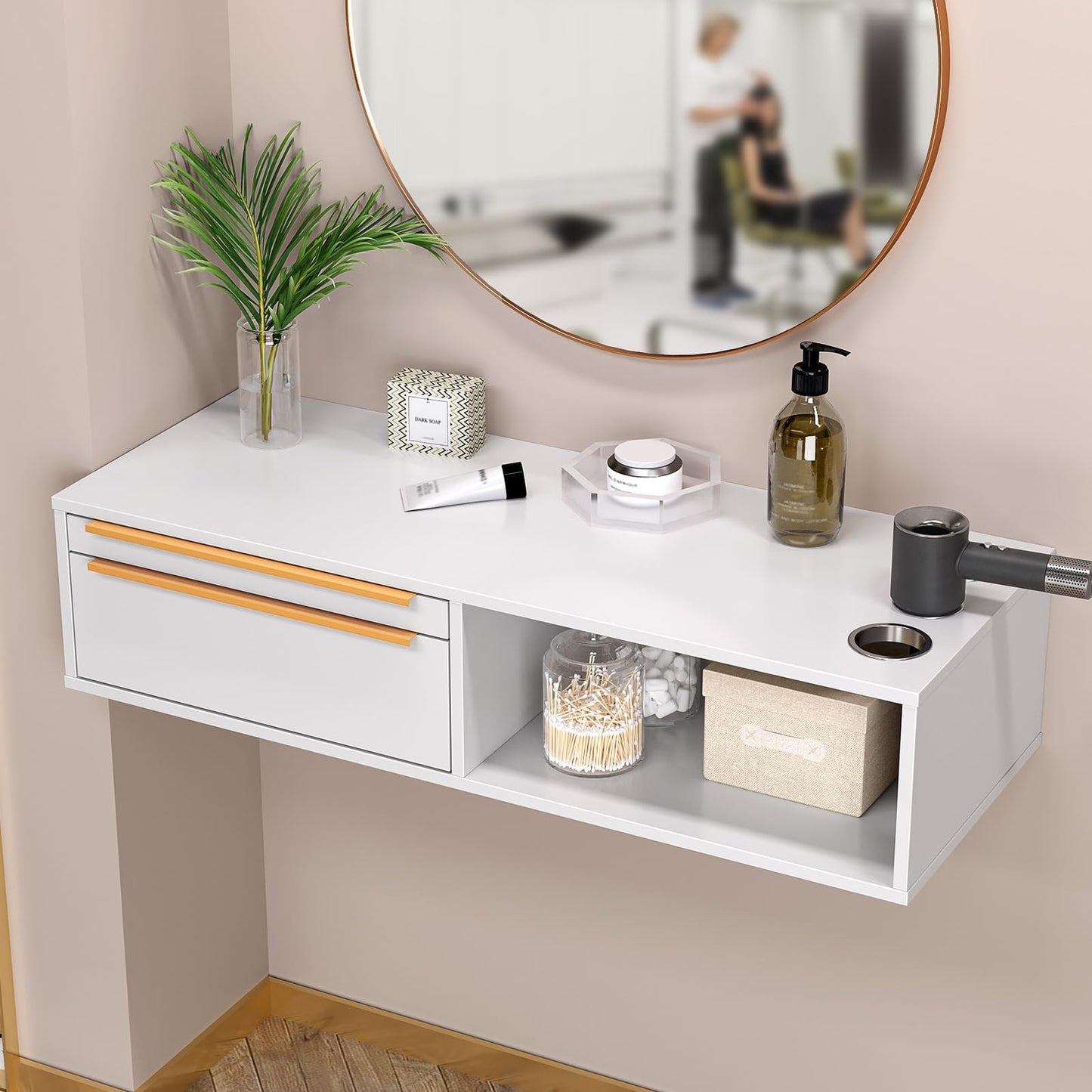 OmySalon Wall Mount Salon Station, Hair Stylist Cabinet with 3 Heat Resistant Dryer Holders, 2 Drawers & Open Shelf, Storage Organizer for Barbershop, Beauty SPA, Bathroom, White Gold