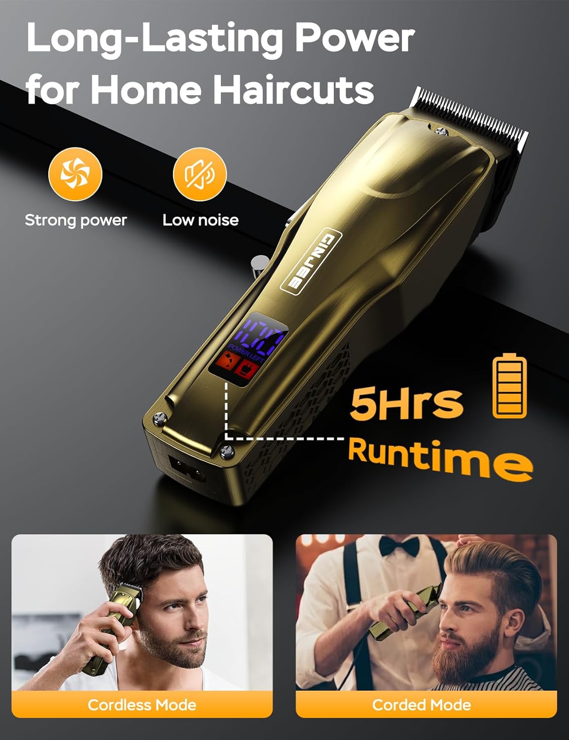 Professional Hair Clippers for Men - Cordless & Corded with 7000RPM Motor | Waterproof Cutting Kit in Gold