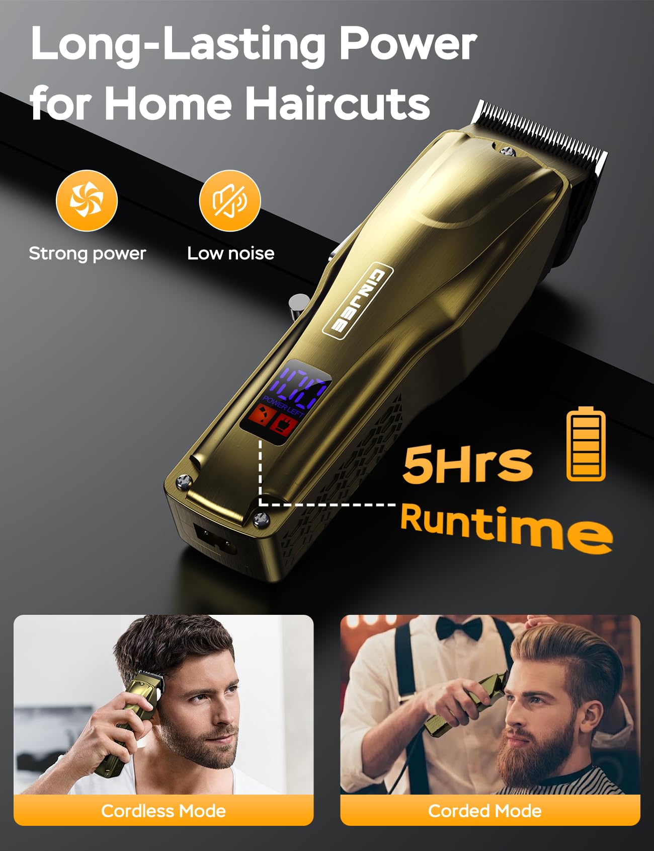 GinJee Hair Clippers for Men, Cordless & Corded Barber Clipper with 5Hrs Runtime, 7000RPM Rotary Motor & LED Display, Waterproof Professional Hair Cutting Kit for Men and Home Use (Gold)