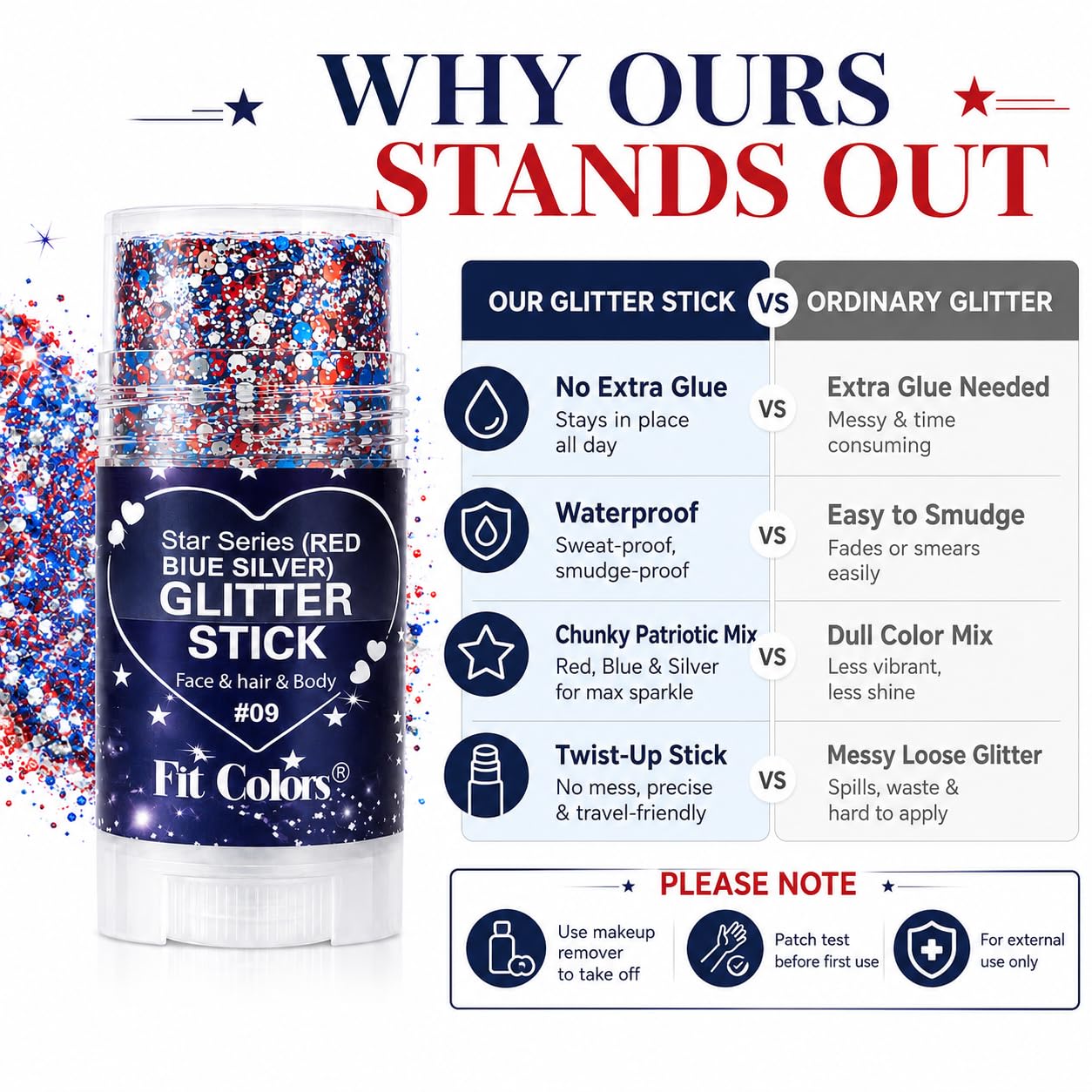 Honlley Patriotic Red White and Blue Face Hair Body Glitter Stick, Waterproof 4th of July Outfits Accessories for Women Kids, USA Flag Fourth Sparkle Makeup for 250 Anniversary Memorial Veterans Day