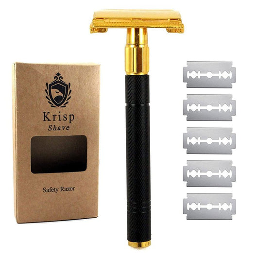 Krisp Beauty Double Edge Safety Razor - Butterfly Open Long Handled Men's Beard Shaving Razor with 5 Premium Blades