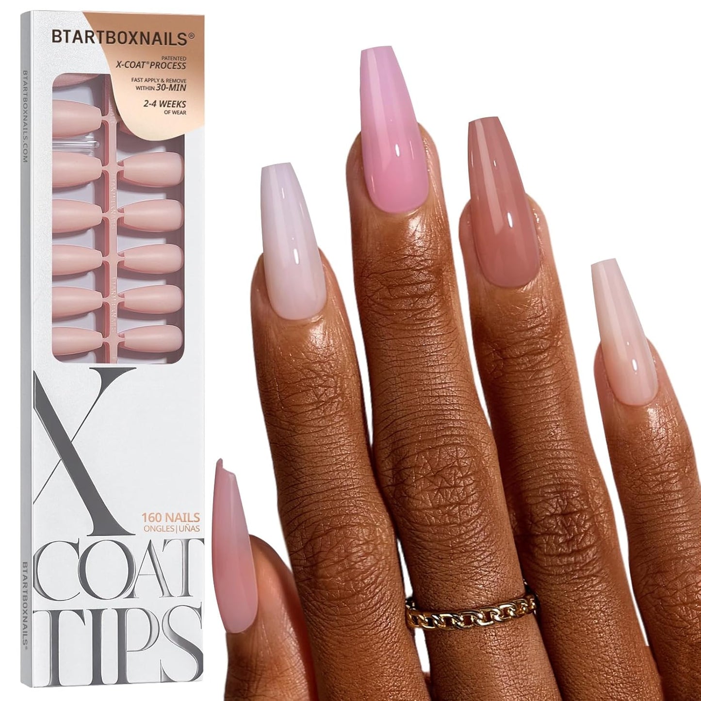 BTArtbox Press-On Nails - 5 Shades of Nude Long Stiletto | 16 Sizes for Easy Application & 4-Week Wear