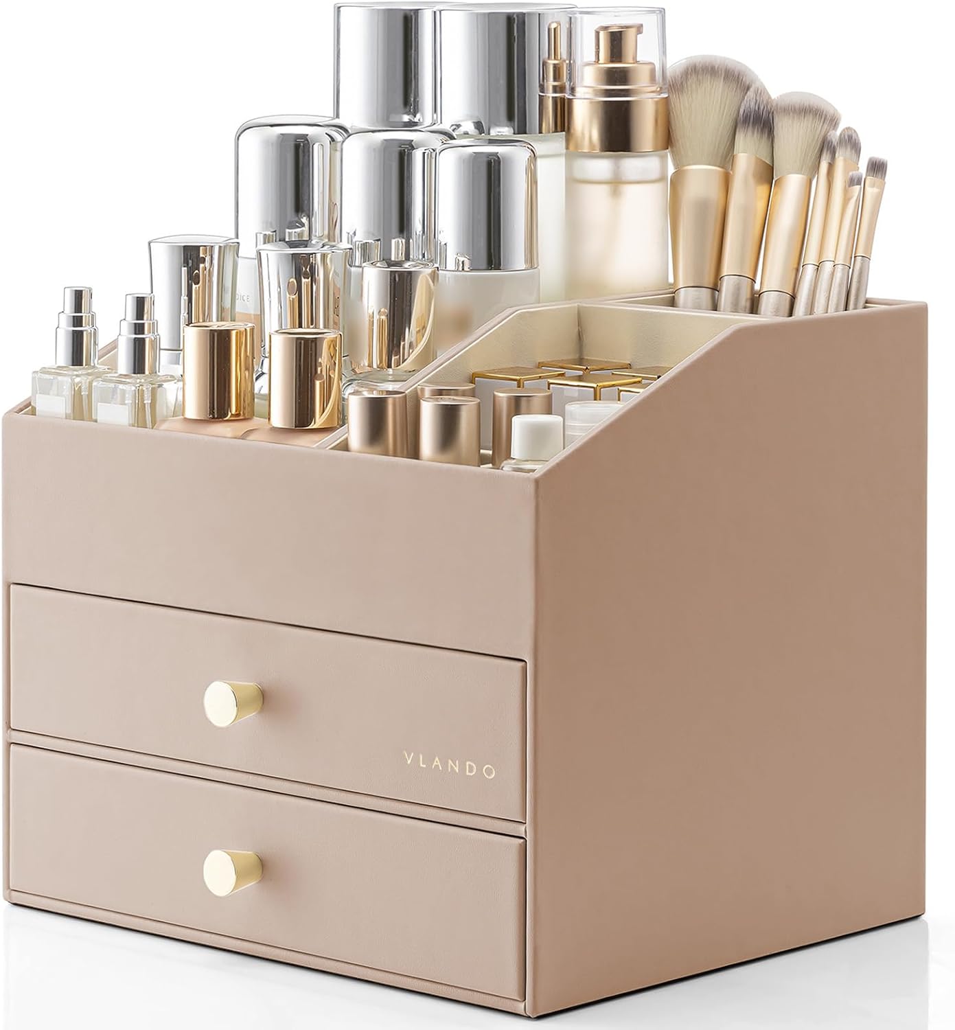 VLANDO Makeup Organizer - PU Leather Vanity Storage with Drawers | Beige Cosmetic & Skin Care Organizer for Women