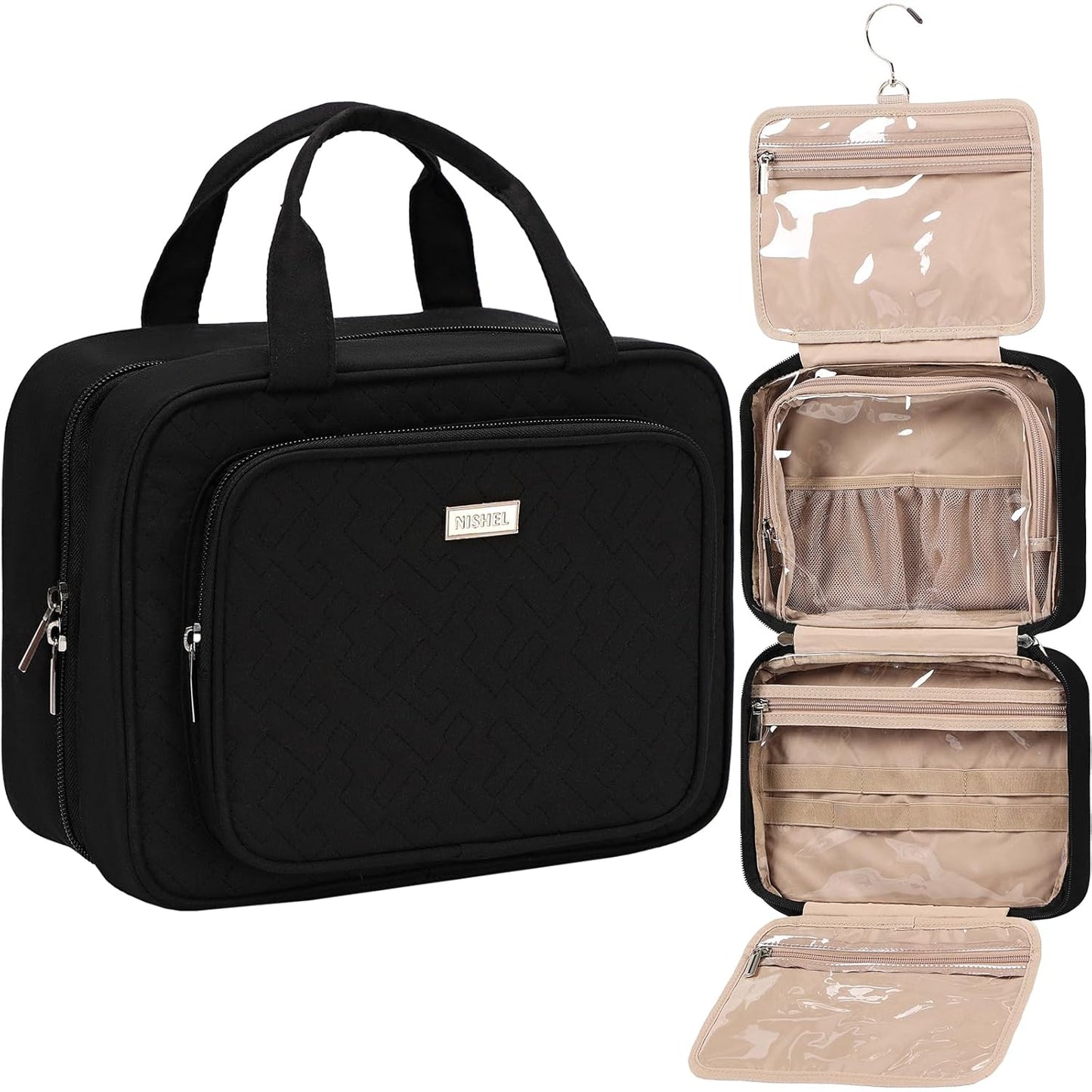 NISHEL Travel Toiletry Bag - Large Pink Makeup Organizer | Hanging Case for Accessories & Cosmetics