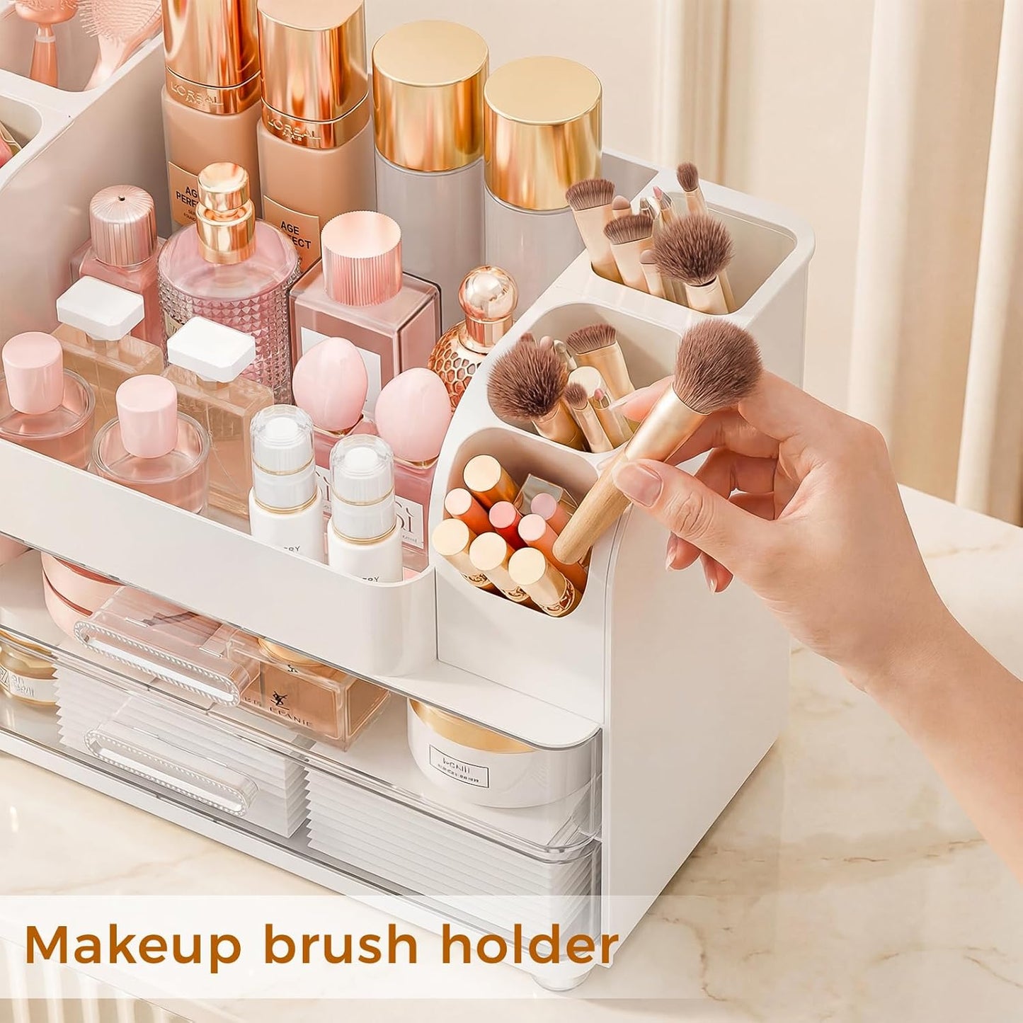 Makeup Organizer - Large Vanity Storage with Drawers | Skincare, Brush Holder & Perfume Display (White)